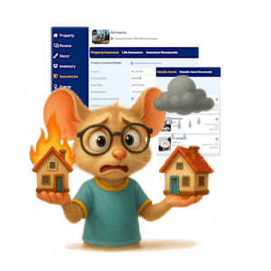 Worried looking possum holding a house on fire and a house in the rain to show how Life Possum helps with Insurance preparation.