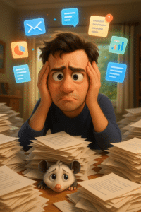 Homeowner overwhelmed by property paperwork with a small worried looking possum poking out from underneath piles of documents
