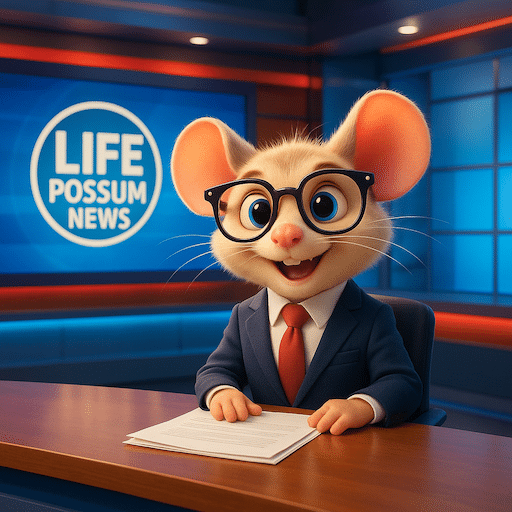 Possum dressed as a newsreader in a news studio